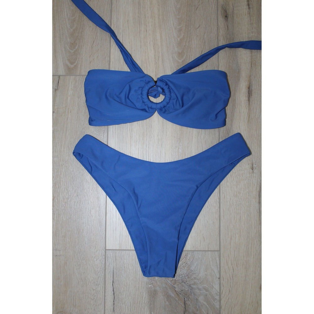 Zaful Womens Royal Blue‎ O-Ring Bandeau Halter Bikini Set High Cut Size S